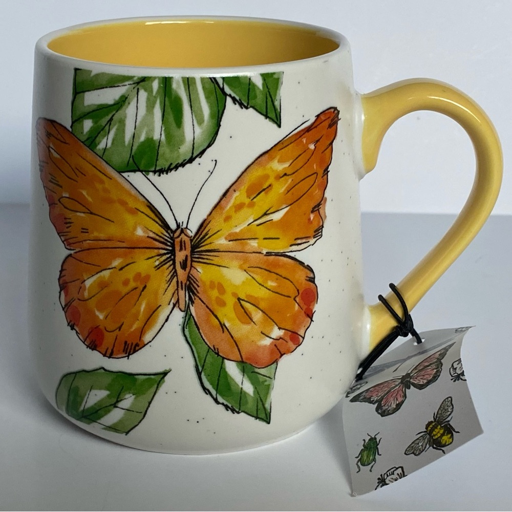 Butterfly Coffee Mug NWT New Yellow Green Leaves Ceramic Seeds & Sunshine 4.25”